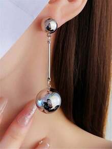 1 Pair Metal Ball With Long Tassel Drop Earrings, Exaggerated Vintage Jewelry Earrings Gift For Women - 銀色 - 查看 2