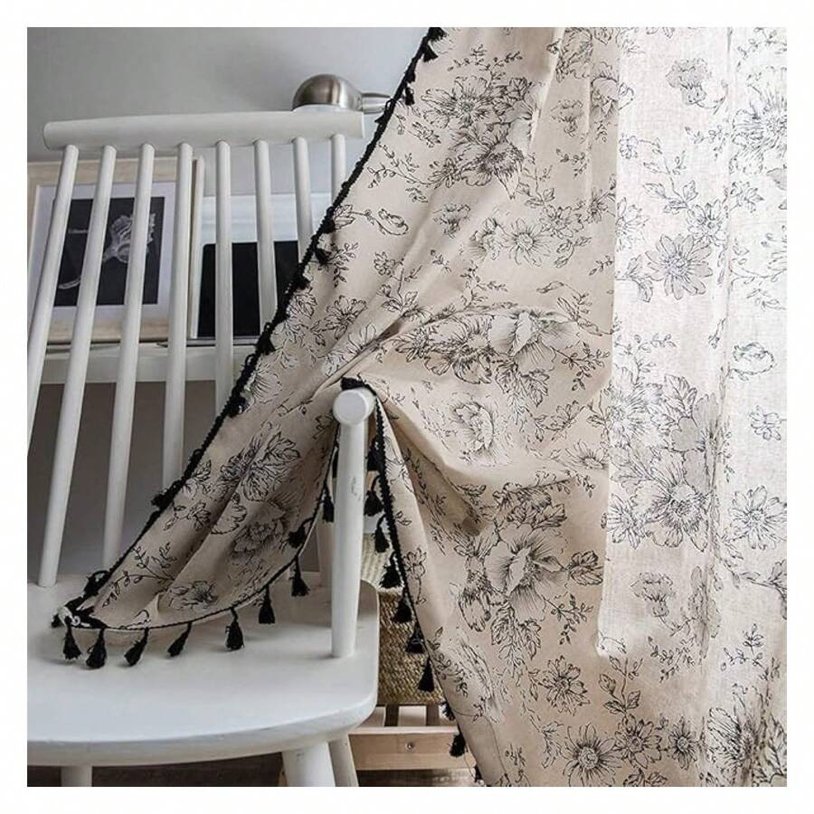 Bohemian Curtains 63 Inch, Floral Window Drapes 2 Panels, French Country Farmhouse Curtains For Living Room, Semi Sheer Cotton Linen Toile Curtains For Bedroom - 多色170 - 查看 1