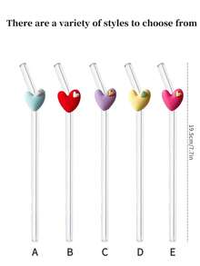 1pc Heart-Shaped Glass Straw, Transparent Smoothie, Bubble Tea, Juice, Milk, Cocktail, Cold Drink Party Cartoon Colored Heart-Shaped Bent Glass Straw, Reusable