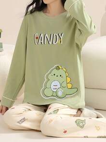 AICJ 2件套女士休闲恐龙印花长袖上衣和裤子家居服套装，春夏秋季居家舒适套装，秋冬服装