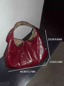 Campus Chic 豹纹双面托特包，大容量学生单肩包，酒红色，适合大学女生，街头日系女包，时尚酒红色包 - 紅色 - 查看 5