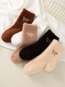 5 Pairs Random Brown Cute Bow Design Thickened Plush Lined Mid-Calf Socks For Kids, Solid Color, Warm And Comfortable For Winter