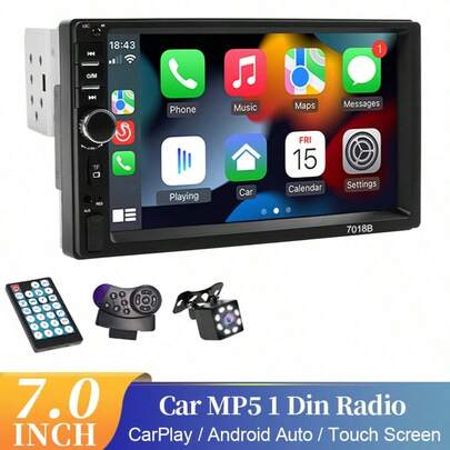 1 DIN Car Radio, 7-Inch Car Multimedia Player, Supports CarPlay, Android Auto, HD Touchscreen, Smartphone Connectivity, FM/AUX Input