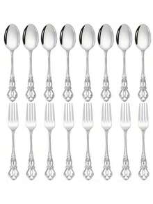 4/8/16pcs Vintage Palace Style Dessert Spoon & Fork Set, High Quality Stainless Steel Oatmeal Spoon, Coffee Spoon, Yogurt Spoon, Salad Fork, Elegant Silverware Suitable For Home, Kitchen, Restaurant, Cafe, Party, Dishwasher , Mirror Polished