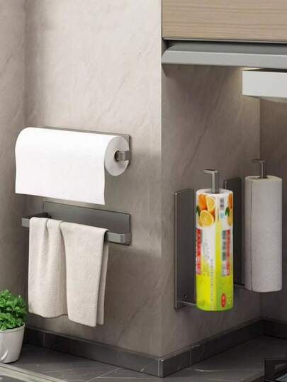 Hole-Free Kitchen Paper Holder, Self-Adhesive Tissue Holder, Metal Roll Paper Rack, Cling Film & Towel Storage, Non-Perforated Wall Hanging Cabinet Hanger For Household Supplies, For Kitchen Bathroom Toilet, Home Decor, Kitchen Decor