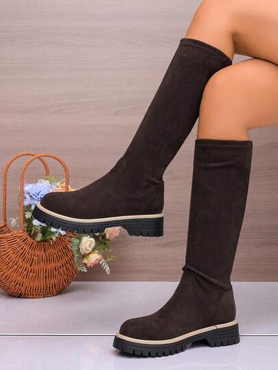 1 Paio di Stivali Donna con Suola Spessa, Tubo Dritto a Metà Polpaccio, Punta Tonda, Stivali di Moda, Stivali Casual  Elasticizzato, Disponibili in Nero, Marrone, Kaki, Taglia CN 36-43