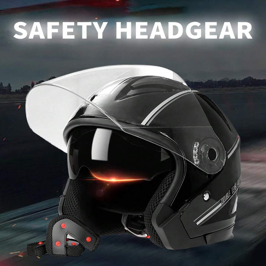 Cascos de moto abiertos 3/4, viseras dobles, cascos de moto para hombre y mujer, cascos abiertos para ciclomotores y cruisers - Negro - Ver 1