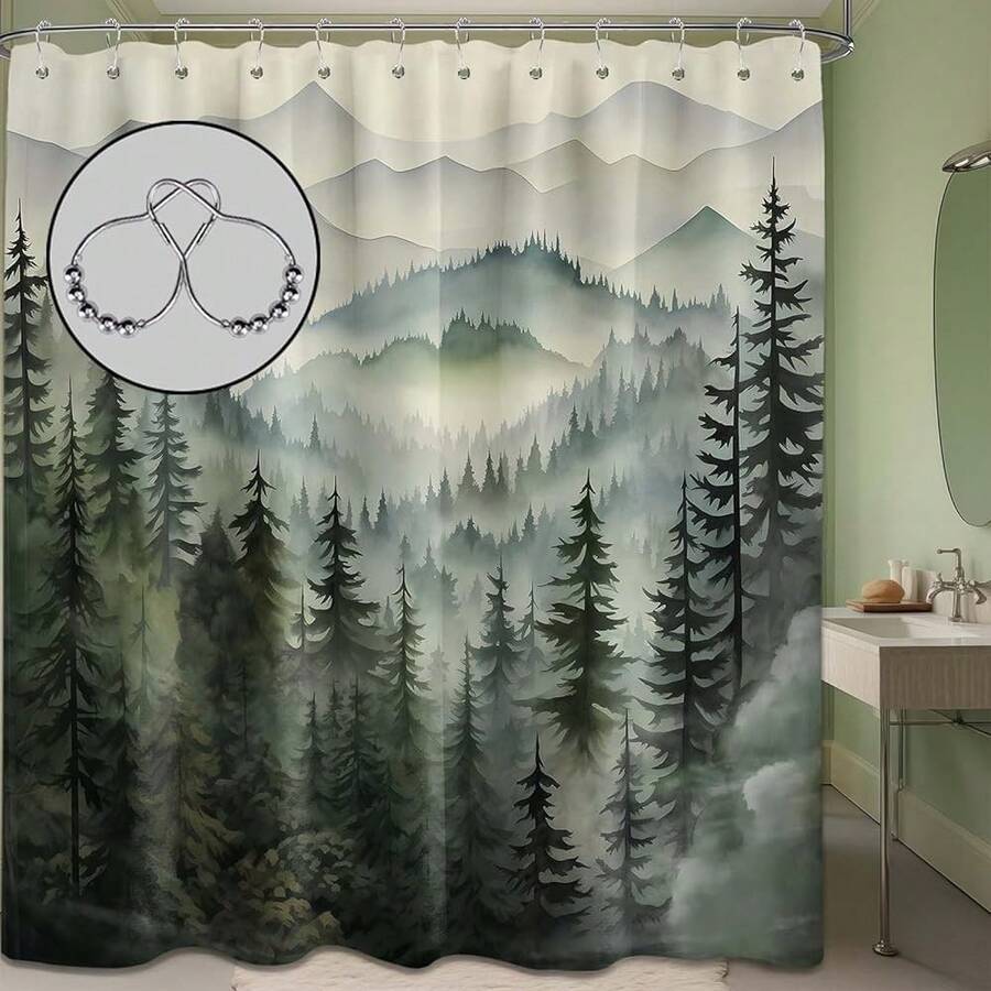 Mountain Shower Curtain Forest Nature Shower Curtains For Bathroom, Rustic Woodland Pine Tree Landscape Bathtub Curtain Men Bath Decor, Waterproof Fabric With Hooks (Green,70''W X 78''L){"Color_name":"Green","Size_name":"70\"Wx78\"L(Packof1)"} - Multicolor12 - 查看 1