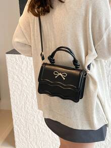 Fashion Solid Color Handbag, Casual Crease Flap Small Square Bag With Bowknot Metal Hardware Lock Closure, Tote Shoulder Crossbody Bag For Women, Spring/Summer New - Black - View 6