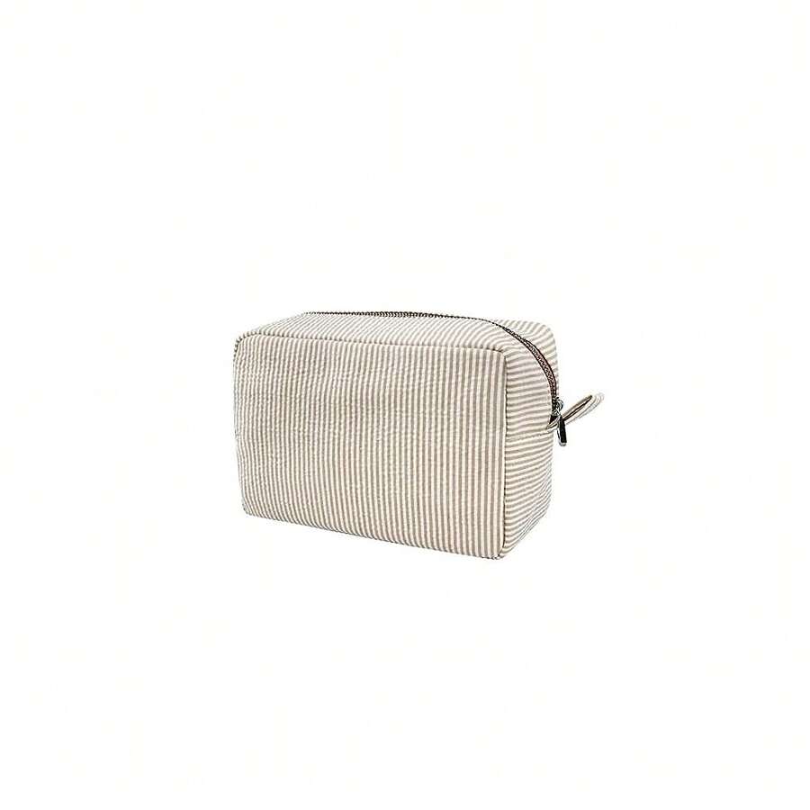 GFU Cosmetic Bags For Women, Seersucker Cosmetic Bag, Travel Toiletry Stripe Makeup Bag, Large Women Aesthetic Organizer Storage Pouch, Girls Handbags Purses, Brown{"Color_name":"Brown"} - 棕色 - 查看 1