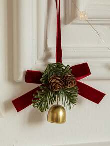 1Pc Bow, Pine Branch, Pinecone And Golden Bell Pendant, Retro And Warm Door And Wall Decoration Pendant, Firm And Not Easy To Loosen, Suitable For Home Decoration, Room Decor, Bedroom And Living Room Door And Wall Decoration, Indoor And Outdoor Decor, Door Hanging Decoration, Friends' Gifts, Party Decor