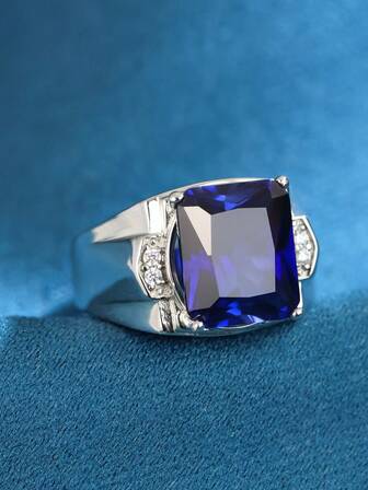 1 pieza Anillo de hombre de banda ancha con zafiro azul de laboratorio de plata S925, con piedra central cuadrada, lujoso y elegante, ideal como anillo de boda y accesorio, regalo del Día de San Valentín, joyería de Eid