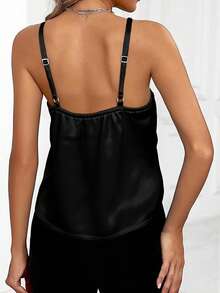 Women's Satin Camisoles Spaghetti Strap Delicate Lace Trim Sleeveless Tops Comfortable Summer Vest - Black - View 6