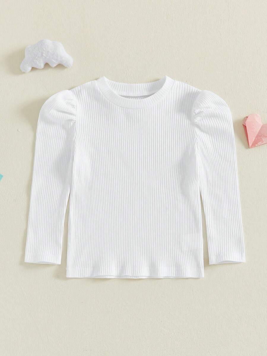 Toddler Baby Girl Ribbed Tops T-Shirt Solid Color Fly Long Sleeve Round Neck Shirts Casual Fall Clothes - 白色 - 查看 1