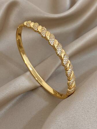 1件装14K镀金不对称交叉几何手镯，女士优雅可叠戴手镯，日常派对圣诞礼物