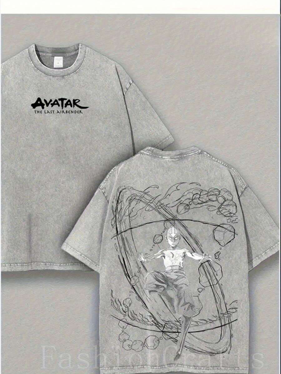 Winter Clothes For Women Graphic Tees Men  Retro Vintage Limited Aang - The Last Air Nomad - The  Anime Double Printed Washed Tee Unisex Oversize Anime Manga Acid Washed Lightweight Cotton T-Shirt, Gift For Anime Fan, Anime Lover Men Clothes Halloween - 灰色 - 查看 1