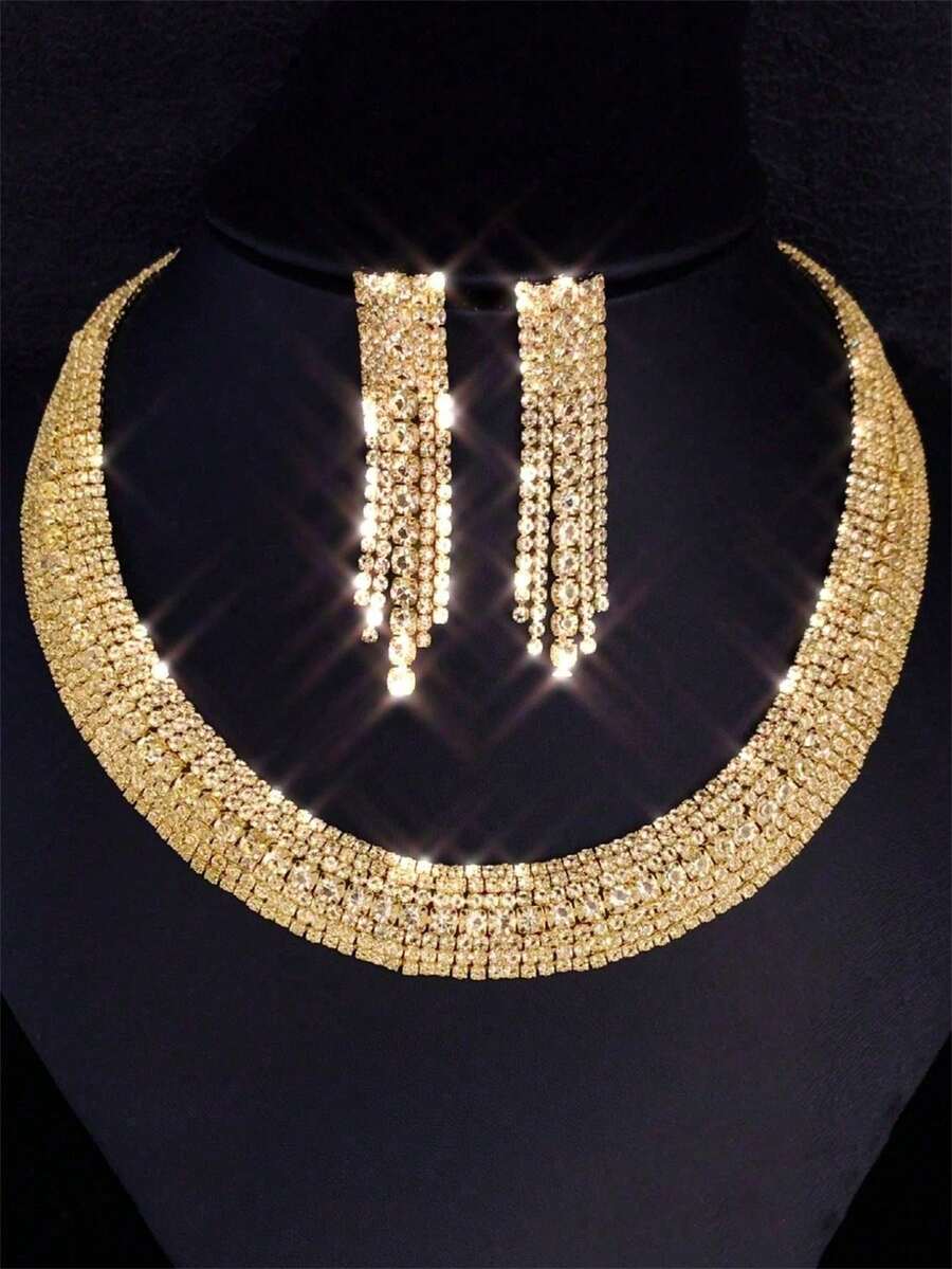 New Fully Rhinestone Snake Bone Necklace & Earrings Set, Bridal Jewelry Suitable For Wedding, Party, Banquet