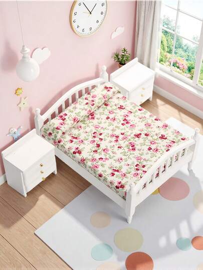 1 Set Dollhouse Miniature Bedroom Bed Cabinet Set, Floral Double Bed And White Bedside Table, Fashionable, Creative And Cute Country Style, Micro-Model Decoration, Mini Furniture, Home Decoration, DIY Decorative Small Bed, Wonderful Home Decoration, Luxurious Role-Playing Game Girl Toys, Boy Toys, Miniature Food, Miniature Items,