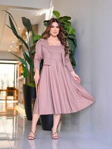 Midi Flared Dress + Blazer Set Elegant Executive Evangelical Fashion - Màu Khỏa thân - Xem 7