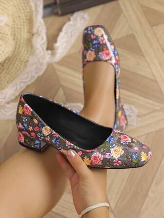 Women's Handmade Low Heel Shoes, Super Soft Patent Leather Printed Shoes, Comfortable Slip-On Shoes Suitable With Dresses, All Season