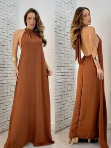 Women's Long Backless Simple Beach Dress None Fabric Backless / Backless Ruffled 019 Wedding Evening Beach Home Office Formal & Evening Travel Daily Birthday Party Summer - Mocha Brown - View 2