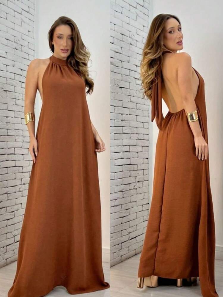 Vestido Feminino Longo Duna Blusa Regata Costa Nua Gola Alta Elegante Casual Verão - Marrom Claro - Visão 2