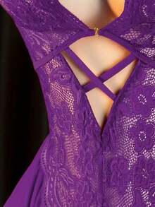 Sexy Lingerie, Open Crotch Design, Floral Lace Patchwork With Ruffle Trim Elegant Ladies Teddy, Bedroom Seduction Outfit