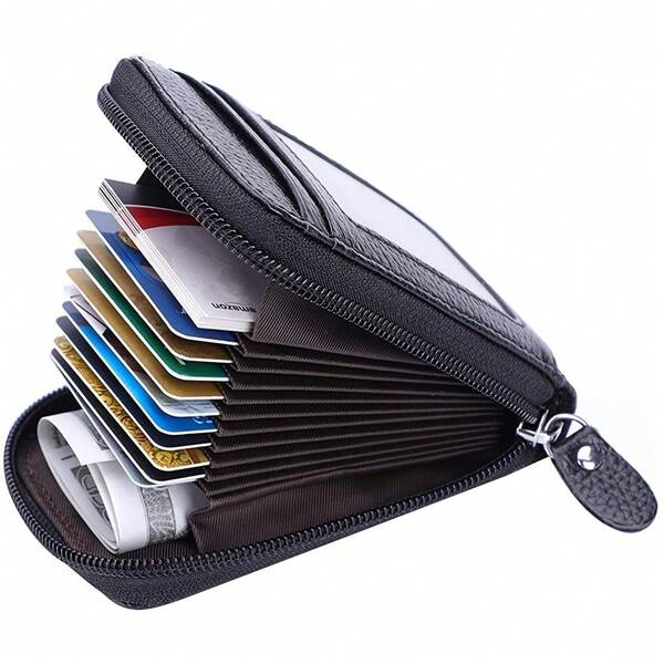 Credit Card Wallet With Zipper, Leather Anti-Theft Men And Women Credit Card Holder