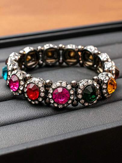1pc Vintage Colorful Crystal Square Elastic Bracelet, Lightweight & Elegant Accessory Suitable For Daily Wear And Parties, Ideal Jewelry Gift For Women