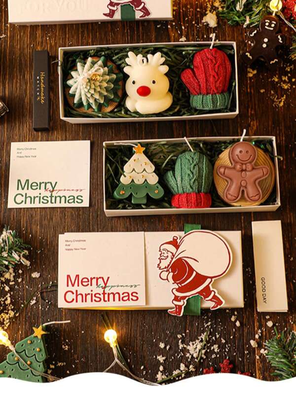 3PCS Multi-Color Christmas Candle Gift Set, Handmade Wax Scented Candles With Tree & Gingerbread Man, Cute Festive Style For Holiday Home Decor, Unique Winter Aromatherapy Gift For Women, Mom, Friends For Christmas Party,Christmas Gifts,Christmas Candles,Christmas Fragrance