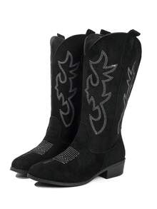 仿麂皮尖头厚底刺绣西部靴，马靴，时尚靴，中筒靴，靴子，适合度假、西部主题活动、音乐节 - 黑色 - 查看 8