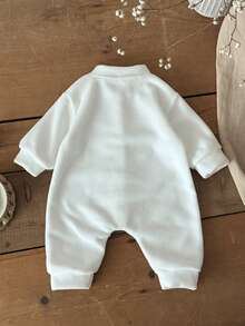 INS Baby Girls Bear Embroidery Thermal Lined Long Sleeve Jumpsuit, Warm For Winter