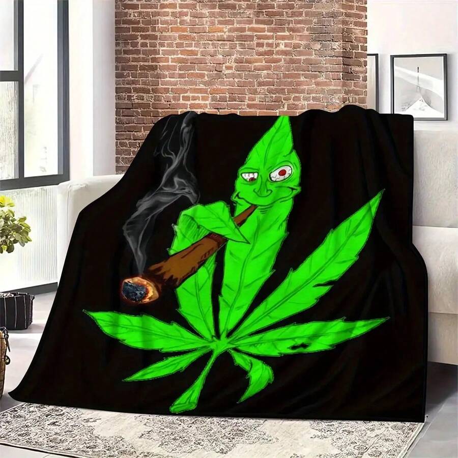 Contemporary Flannel Throw Blanket With Leaf Character Design - Digital Print, Polyester, All-Season Knitted Blanket For Home Decor, Office, And Outdoor Camping - 60*80inch(150*200cm) - View 1