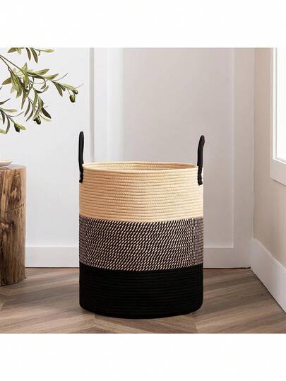 Cesto grande para ropa sucia, cesta alta de cuerda tejida para mantas, juguetes y ropa sucia en la sala, el baño y el dormitorio - 58 l, marrón y negro