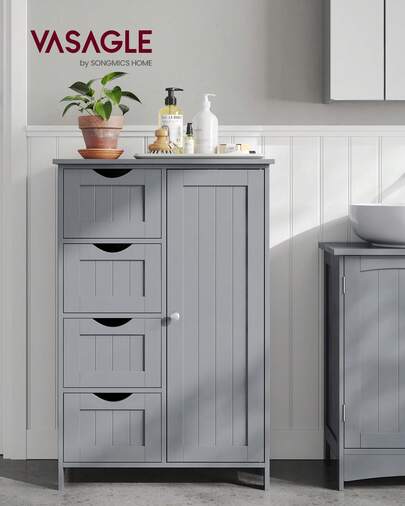 Bathroom Floor Storage Cabinet, Wooden Storage Unit With 4 Drawers, Single Door, Adjustable Shelf, For Living Room, Kitchen, Entryway, White/Mystic Grey