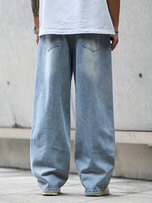 男士休闲街头风浅蓝色中等厚度宽松牛仔裤