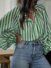大码女式条纹长袖秋装春季 - 綠色條紋 - 查看 3