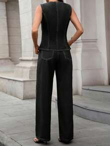 Womens Denim Two Piece Set With Pockets Stylish Solid Button Down Crew Neck Sleeveless Vest And Flared Jeans - Black - View 2