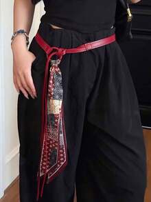 1 件男女通用复古朋克嘻哈腰带 - 红色和黑色拼色搭配白色花卉图案，可调节带扣，适合搭配裤子、连衣裙和休闲装 - 男女时尚腰带 - 彩色 - 查看 2