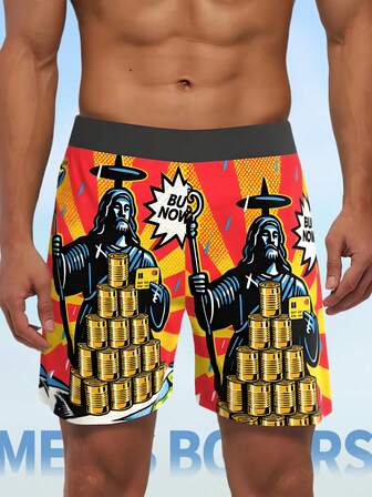 1pc Men's Printed Boxers, The Pattern Features Pop - Art Style Elements, With "BUY NOW" Text. At The Top Of The Image, Are Great Gifts For Family, Friends, Or Your Boyfriend. Fashion Casual Loose Fit, Casual Daily Wear