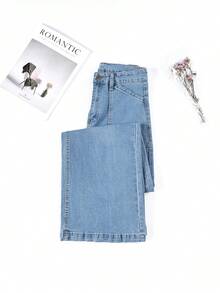 HIMARRI Lindos jeans largos de mezclilla de cintura alta y pierna ancha para mujer, estilo casual con bolsillos funcionales y alta elasticidad cómoda. - Azul - Ver 2