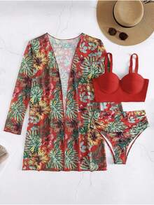 Women's Bikini Swimsuit Set + Kimono Beach Cover Up, 3 Plant Print Bikini And Kimono Sets For Summer At The Beach - Đỏ - Xem 5