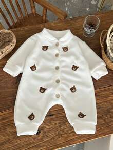 INS Baby Girls Bear Embroidery Thermal Lined Long Sleeve Jumpsuit, Warm For Winter