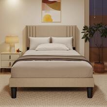 Asofer 120 x 200 cm Bettrahmen mit Ohrendesign-Kopfteil, gepolstertes Plattformbett mit moderner geometrischer Optik, Holzlattenunterbau, unkomplizierte Montage, dekorativer Wohnbegleiter - Beige - Übersicht 7