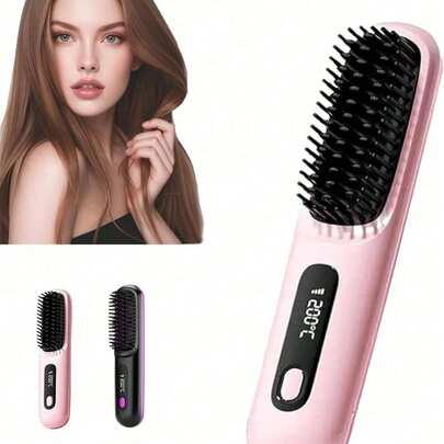 A Portable Cordless Straightening Brush With Negative Ion Treatment And USB-C Charging, It Heats Up In 30 Seconds, Has Three Temperature Settings, And Is Compact And Portable. It Features An LED Display And Is Suitable For Soft, Straight, Or Slightly Curly Hair. It Also Features A Ceramic Coating To Prevent Frizz. Available In Pink And Black, It's The Perfect Gift For The Holidays.