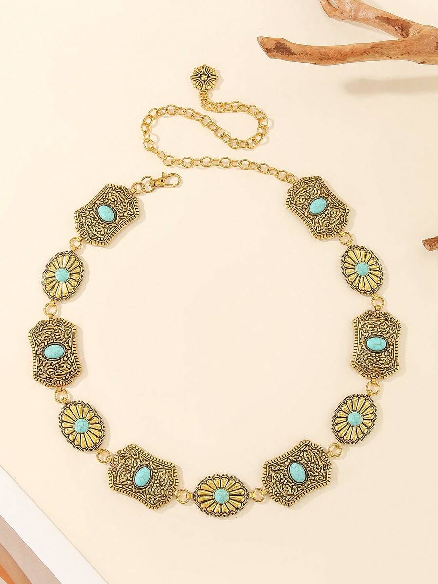 Adjustable Bohemian Style Gold Metal Waist Chain, Fashion Geometric Pattern Waist Belt For Women, Party Wear, Zinc Alloy Metallic Waist Belt, Suitable For Spring, Summer, Autumn, Winter