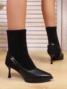女士时尚踝靴，2025秋冬新款尖头拼接后跟带扣侧拉链弹力细跟踝靴，户外通勤复古优雅日常百搭时尚女靴，黑色，猫跟 - 黑色 - 查看 5
