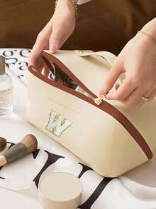 Multifunctional Travel Makeup Bag, Letter Cosmetic Organizer Bag, PU Leather Waterproof Makeup Pouch, Large Capacity Double Layer Makeup Case, Cosmetics Storage, Gift For Women, Christmas Gift