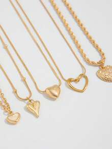 Set de 5 collares con colgante en forma de corazón apilables, cadena de clavícula multicapa de estilo elegante en color dorado, para usar con atuendos casuales o formales