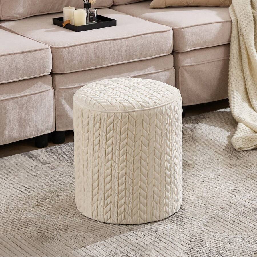 YDCOSYFY Round Ottoman, Braided-Tufted Foot Stool Ottoman, Velvet Upholstered Vanity Stool For Makeup, Bedroom, Living Room - Beige - View 1